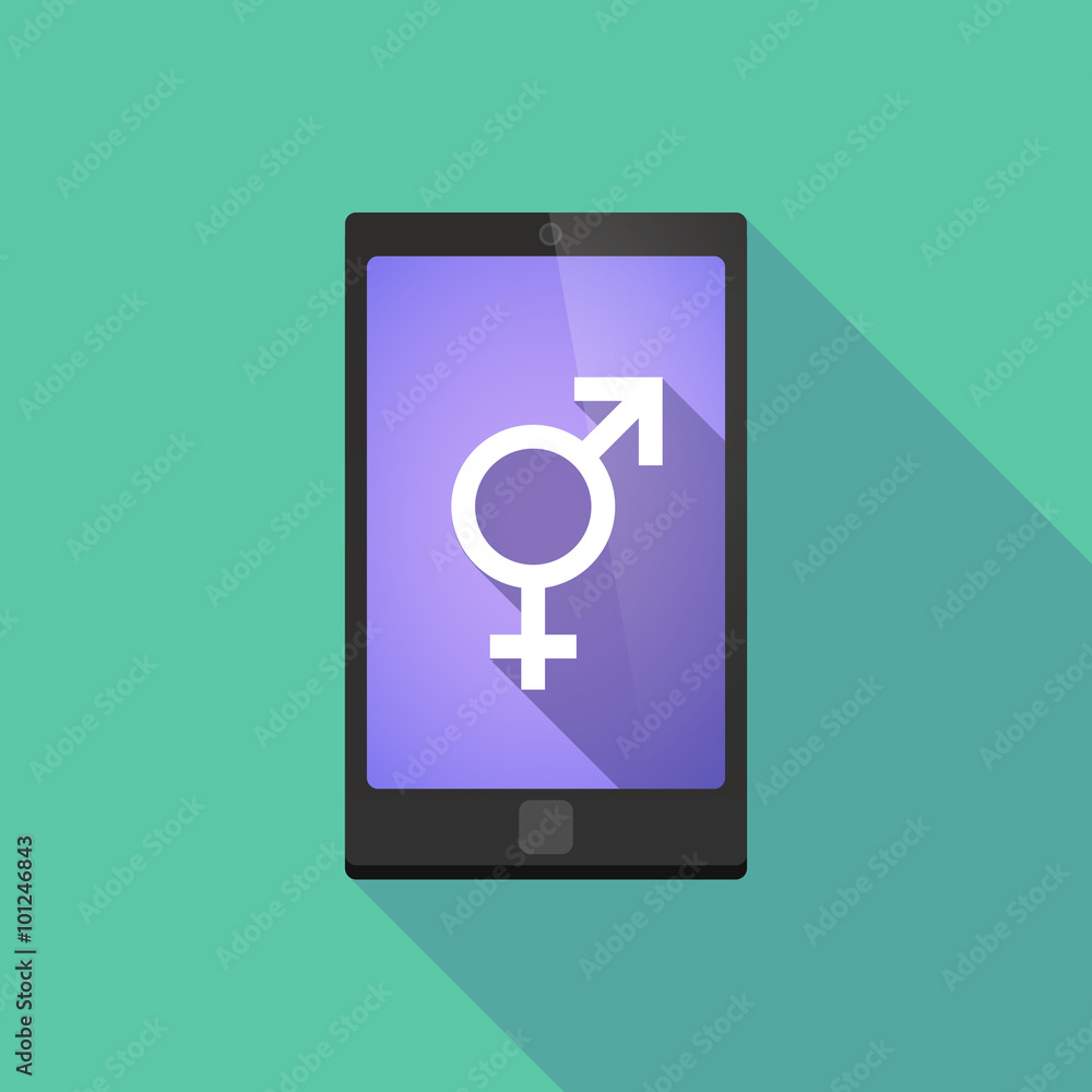 Sticker Long shadow phone icon with  a bigender symbol