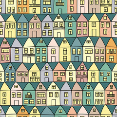 Seamless pattern with houses and trees. Vector illustration