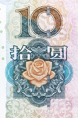 Macro photo of ten yuan bill. Chines money.