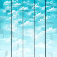white clouds in the blue sky. Abstract background in the general division of the pictures on the vertical stripes. add volume and light illustration of cubic forms. 3D effect