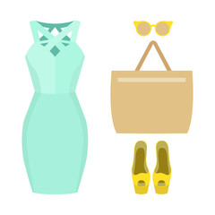 Set of trendy women's clothes. Outfit of woman dress and accessories. Women's wardrobe. Vector illustration