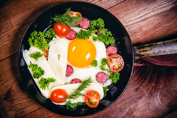 Scrambled eggs with sausage delicious breakfast