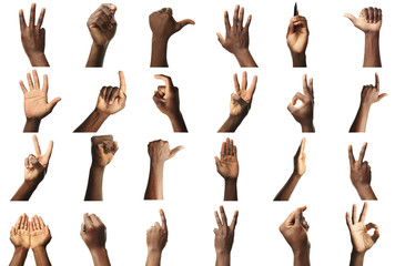 Set of male hands gestures, isolated on white