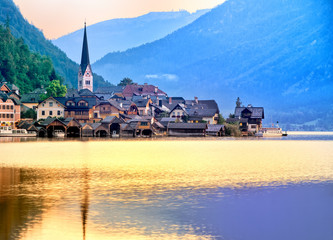 Historical Hallstatt town on a lake in the Alps mountains, Austria