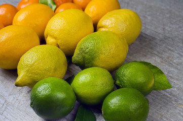 a bunch of citrus fruits on grey  background/  a bunch of citrus fruits on grey wooden background, color gradient transition