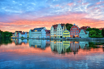 Dramatic sunset over old town of Landshut on Isar river near Munich, Germany