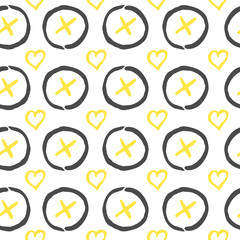 Vector seamless pattern. Black, white and yellow hand drawn print with hipster XOXO. 