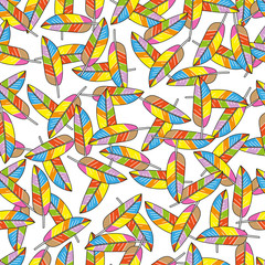 Obraz premium Colored feathers abstract seamless pattern on white background.
