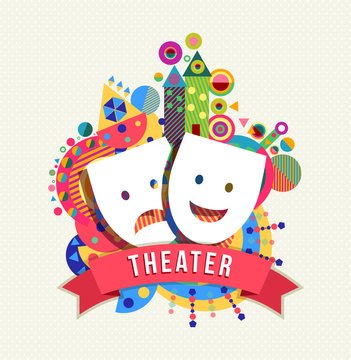 Theater mask icon, concept label with color shapes