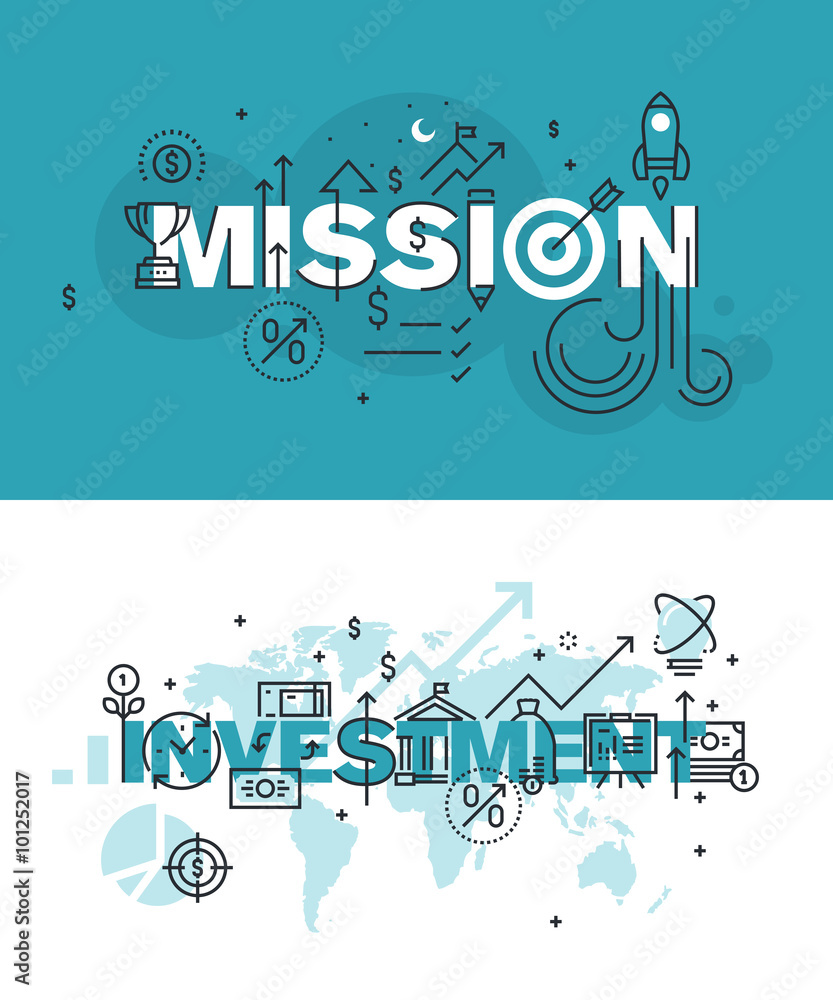 Poster set of modern vector illustration concepts of words mission and investment. thin line flat design ba