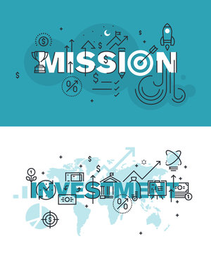 Set of modern vector illustration concepts of words mission and investment. Thin line flat design banners for website and mobile website, easy to use and highly customizable.