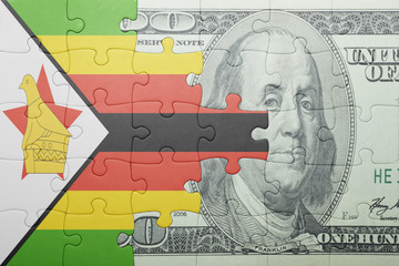 puzzle with the national flag of zimbabwe and dollar banknote