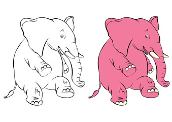 Illustration of a cheerful pink elephant. The elephant costs on a hind leg and smiles