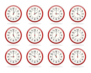 Set of red clocks for business hours