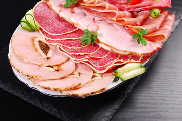 platter of sliced ham,salami and cured meat