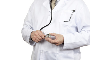 Close up front view of a doctor adjusting his stetoscope isolated on a pure white background