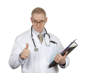 Doctor in white coat wearing glasses giving the thumbs up isolated on a pure white background