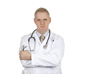 Fototapeta premium Portrait of a doctor wearing a white coat and stethoscope isolated on a pure white background