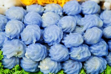 Fototapeta na wymiar Thai sweets, or Khanom Thai,have unique, colorful appearance an