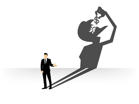 conceptual of businessman casting a shadow shaped like devil that eating dollar, businessman shadow shaped concept design