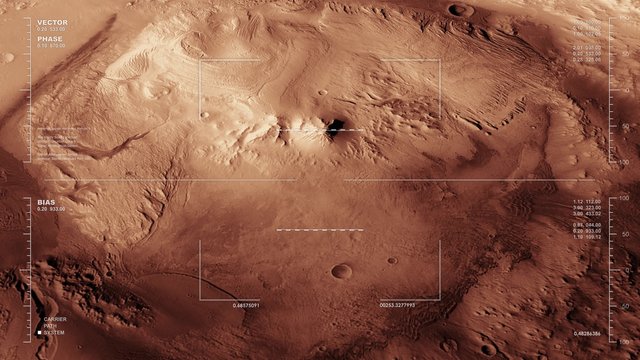 Simulated circular recon/mapping  flyover of Gale Crater. Reversible, seamless loop. Scientifically accurate data displays. Data: JPL/USGS Astrogeology.