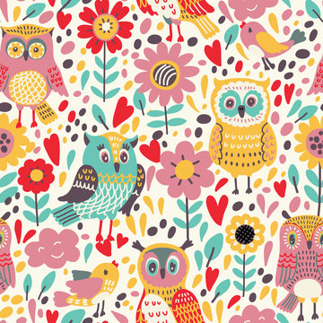 Seamless pattern with flowers and owls. Vector illustration which can be used as wallpaper or wrapping paper