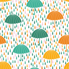 Vector seamless pattern with raindrops and umbrellas. Spring background