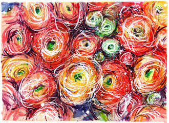 abstract bouquet with lots of red buttercups, ranunculus, watercolor painting