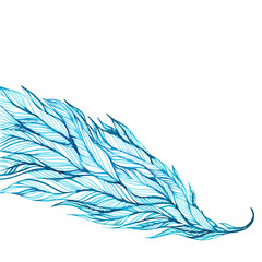 blue feathers, leaves, twigs, graphic pen and ink