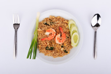 Fried Rice with Shrimp and Vegetables on White Plate and White Background, Thai cuisine