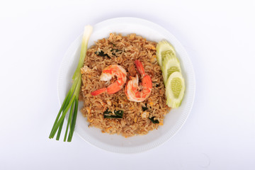 Fried Rice with Shrimp and Vegetables on White Plate and White Background, Thai cuisine