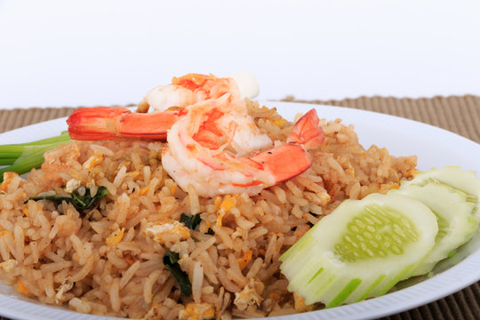Fried Rice with Shrimp and Vegetables on White Plate and White Background, Thai cuisine