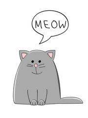 vector illustration of a cute grey cat with a speech bubble saying Meow
