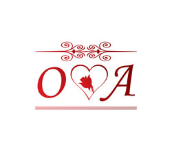 OA love initial with red heart and rose
