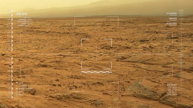 Simulated Mars surface rover camera footage – looping pan. Reversible. Scientifically accurate HUD. Data: JPL/USGS Astrogeology