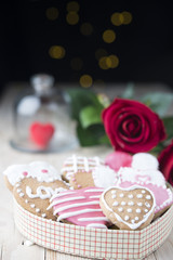 Festive cookies with hearts and roses for Valentine's Day.