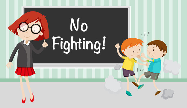 Boy fighting in front of no fighting sign