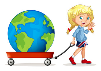 Little girl pulling wagon with a globe on it