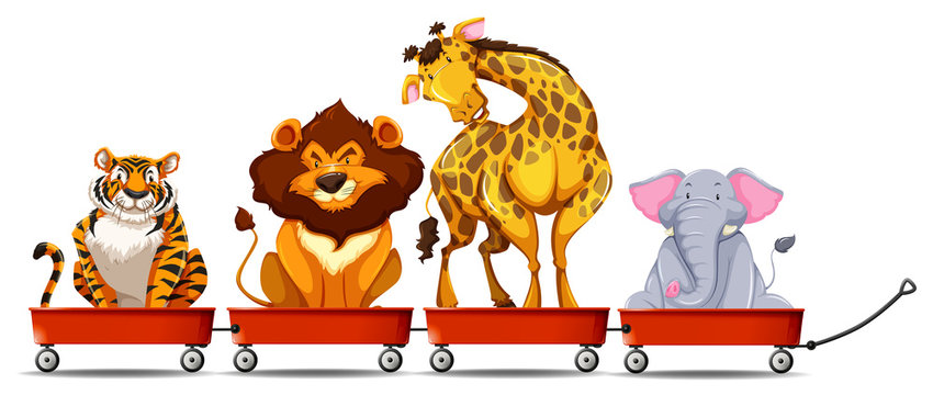 Wild animals on red wagons