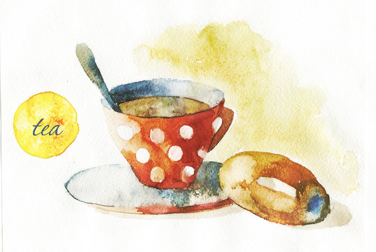 cup of tea and a donut watercolor