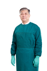 Fototapeta premium old asian man doctor in green surgical gown with gloves