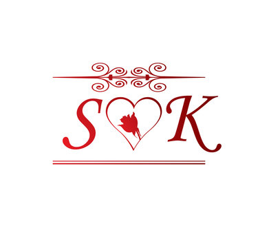 SK love initial with red heart and rose Stock Vector | Adobe Stock