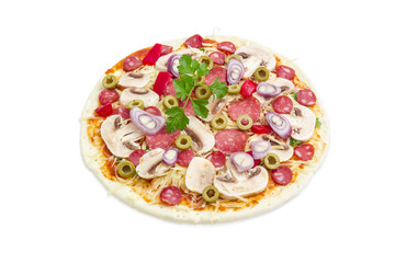 Uncooked pizza with sausage, mushrooms and olives