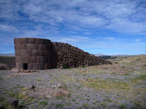 pre-incan burrial site sillustani with chulpas