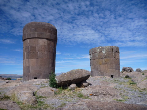 pre-incan burrial site sillustani with chulpas