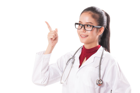 female doctor wearing glasses pointing up one finger.