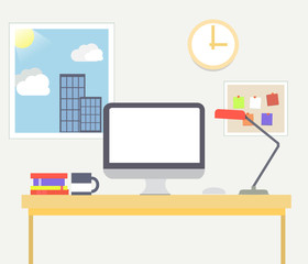 Flat design office, workspace.