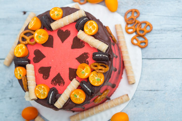 Homemade cake decorated with hearts