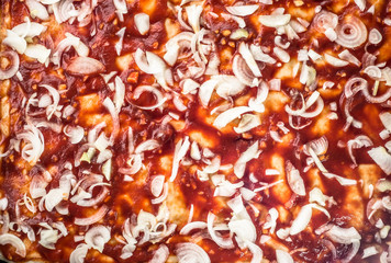 Texture of pizza margherita with tomato sauce and onion