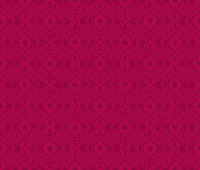 Raspberry seamless poker background with dark red damask pattern and cards symbols